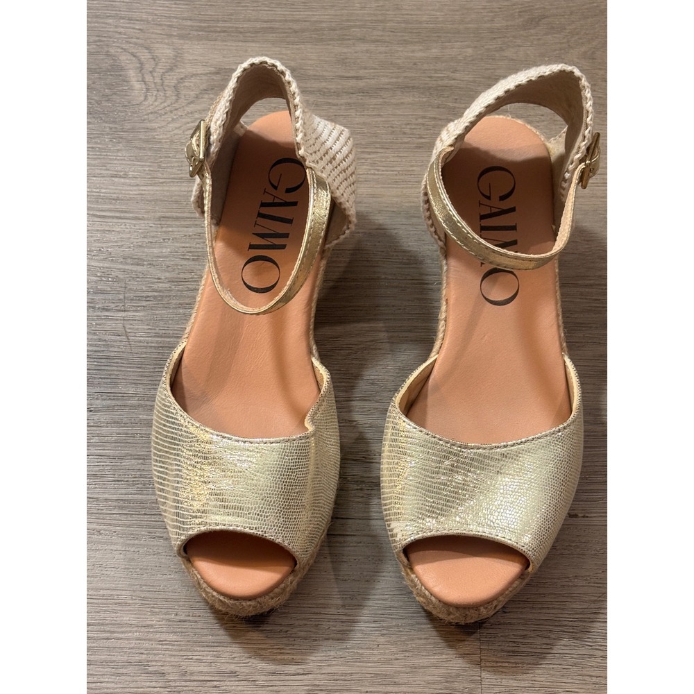 Gaimo Spain Gold Metallic Lizard Embossed Espadrille Wedge Sandals Size 36